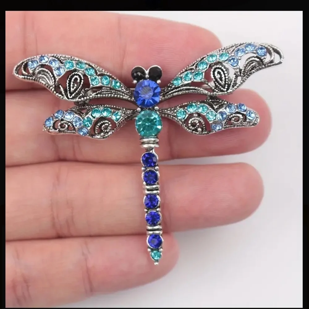 Dragonfly brooch pin blue 1.97" x 2.36" New tail moves - Picture 2 of 3